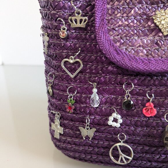 Vintage Purple Woven Straw Crossbody Bag Upcycled Jewelry Charms Deadstock - Picture 3 of 6